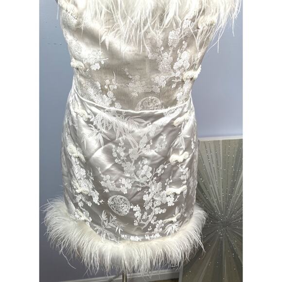 Sau Lee Jayde Sateen Jacquard Feather Hem Ivory White Mini Dress Size 14 - Picture 6 of 13
